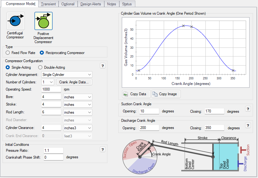 The Compressor Model tab of the Compressor/Fan Properties window for a reciprocating compressor